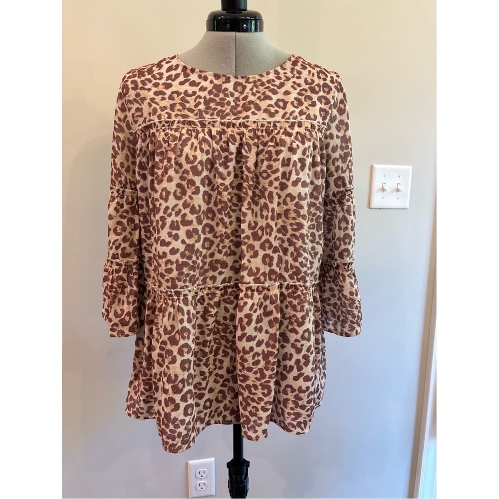 Cato Brown Cream Leopard Print Peasant Tunic Top Small Boho Tiered Ruffle 0107